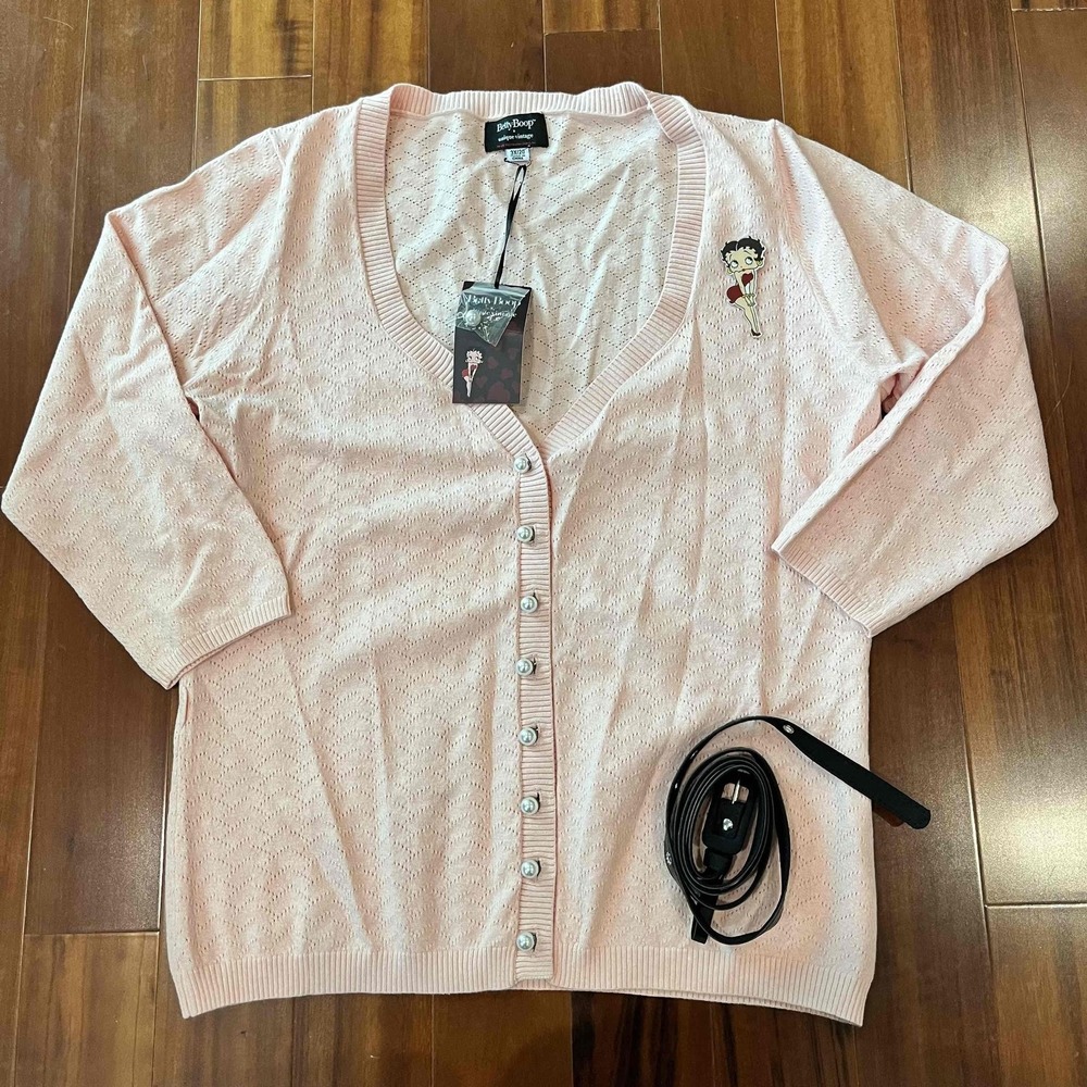 New Unique Vintage x Betty Boop Pointelle Cardigan Sweater Pink Belt Plus 3X 20